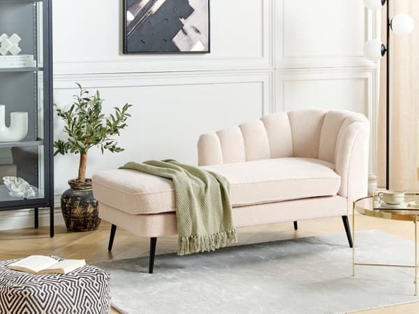Chaiselong Beige Boucle Daybed med Ryglæn Sorte Metalben Gæsteseng Quiltet Multifunktionel Chaise Højrevendt Sofa Moderne til Stuen