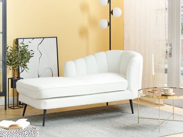 Chaiselong Råhvid Boucle Daybed med Ryglæn Sorte Metalben Gæsteseng Quiltet Multifunktionel Chaise Højrevendt Sofa Moderne til Stuen