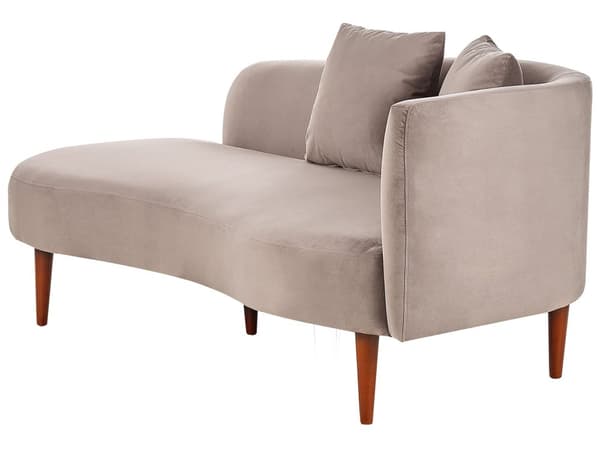 Schäslong Taupe sammet polyester klädsel högervänd mörka träben extra kastkuddar modern design vardagsrumsmöbler