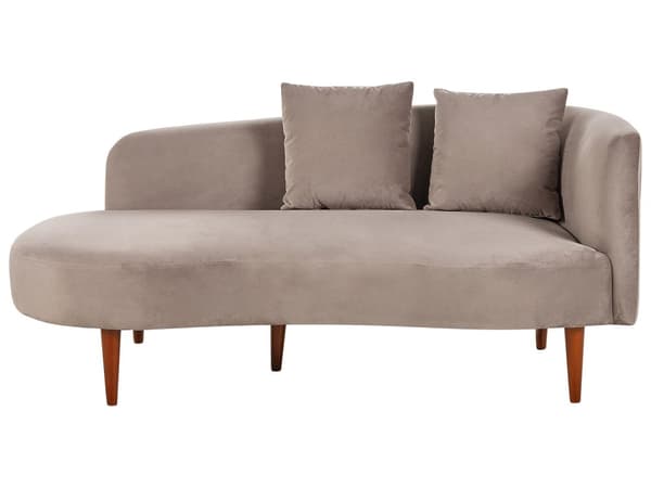 Schäslong Taupe sammet polyester klädsel högervänd mörka träben extra kastkuddar modern design vardagsrumsmöbler