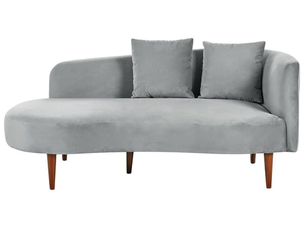 Schäslong Ljusgrå sammet polyester klädsel högervänd mörka träben extra kastkuddar modern design vardagsrumsmöbler