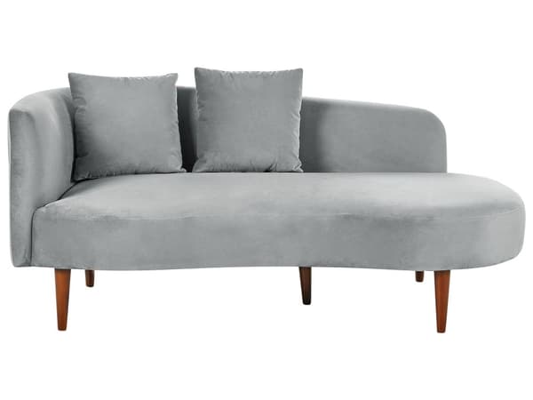 Schäslong Ljusgrå sammet polyester klädsel vänstervänd mörka träben extra kastkuddar modern design vardagsrumsmöbler