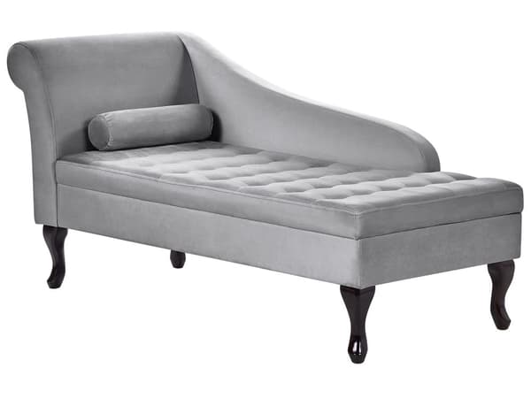 Vänster schäslong Ljusgrå sammetsklädsel Svarta ben Förvaringsfack Puffad sittdyna Bolsterkudde Glam Retro Design