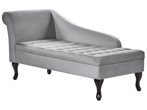 Vänster schäslong Ljusgrå sammetsklädsel Svarta ben Förvaringsfack Puffad sittdyna Bolsterkudde Glam Retro Design