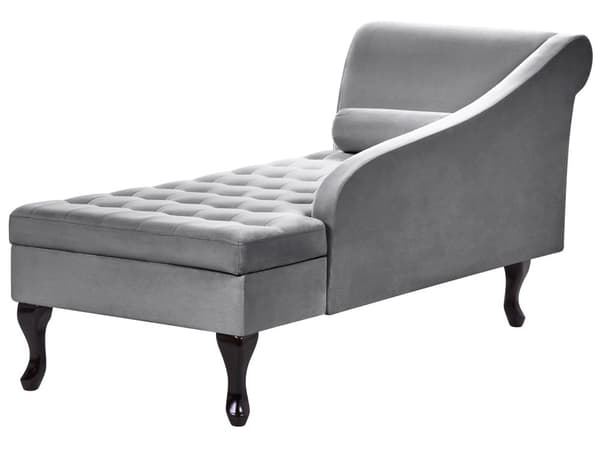 Vänster schäslong Ljusgrå sammetsklädsel Svarta ben Förvaringsfack Puffad sittdyna Bolsterkudde Glam Retro Design