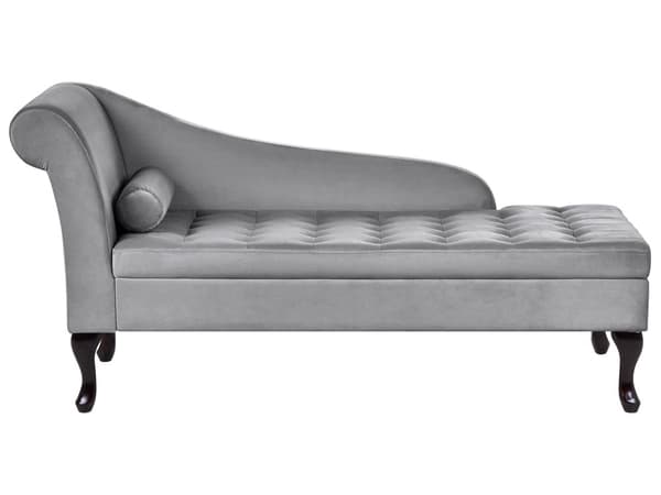 Vänster schäslong Ljusgrå sammetsklädsel Svarta ben Förvaringsfack Puffad sittdyna Bolsterkudde Glam Retro Design