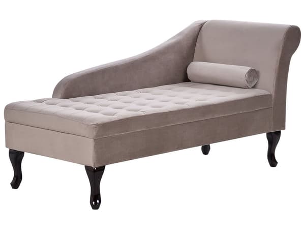 Högervänd Schäslong Gråbrun Sammet Klädsel Svarta ben Förvaringsutrymme Stoppad Sittdyna Bolsterkudde Glam Retro Design