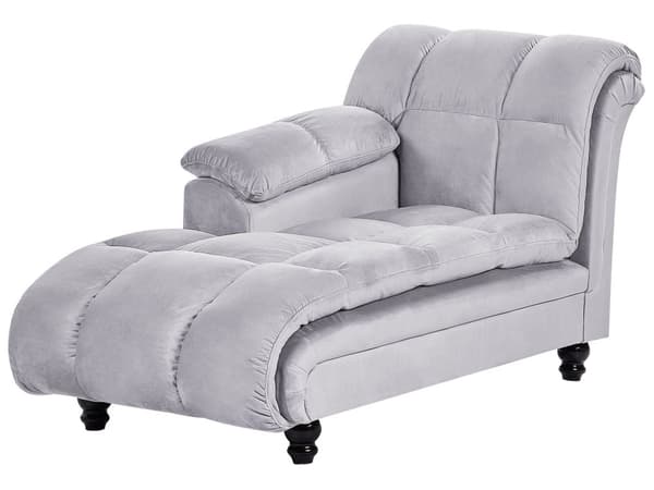 Högervänd Schäslong Grå Sammet Klädsel Biscuit Stoppning Svarta Ben Modern design