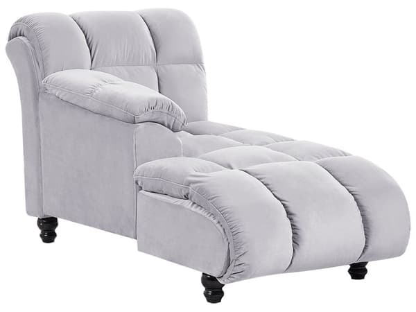 Högervänd Schäslong Grå Sammet Klädsel Biscuit Stoppning Svarta Ben Modern design