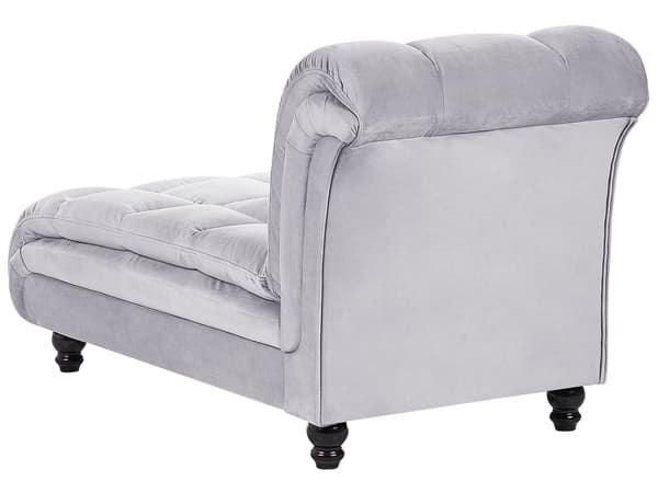 Högervänd Schäslong Grå Sammet Klädsel Biscuit Stoppning Svarta Ben Modern design