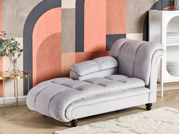Högervänd Schäslong Grå Sammet Klädsel Biscuit Stoppning Svarta Ben Modern design