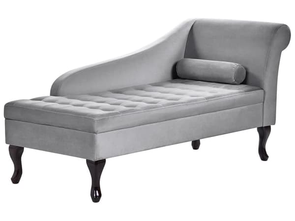 Höger schäslong Ljusgrå sammetsklädsel Svarta ben Förvaringsfack Puffad sittdyna Bolsterkudde Glam Retro Design