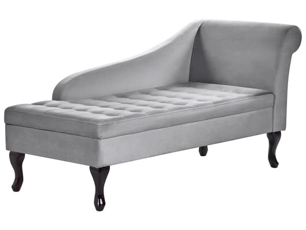 Höger schäslong Ljusgrå sammetsklädsel Svarta ben Förvaringsfack Puffad sittdyna Bolsterkudde Glam Retro Design