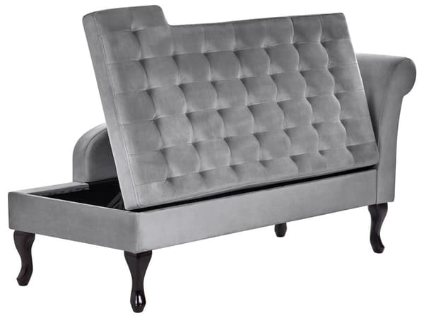 Höger schäslong Ljusgrå sammetsklädsel Svarta ben Förvaringsfack Puffad sittdyna Bolsterkudde Glam Retro Design