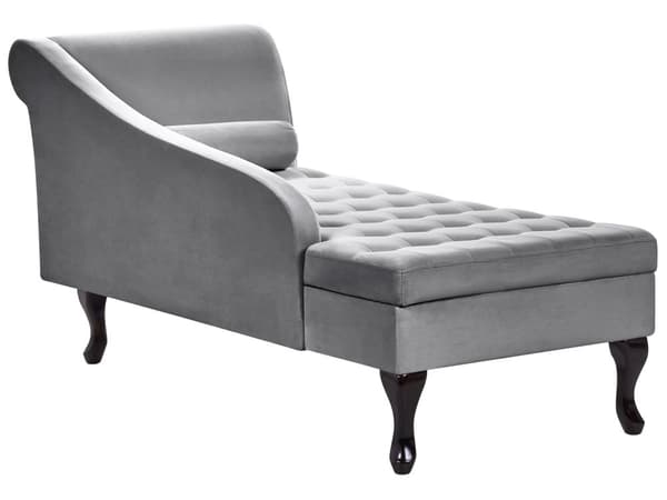 Höger schäslong Ljusgrå sammetsklädsel Svarta ben Förvaringsfack Puffad sittdyna Bolsterkudde Glam Retro Design