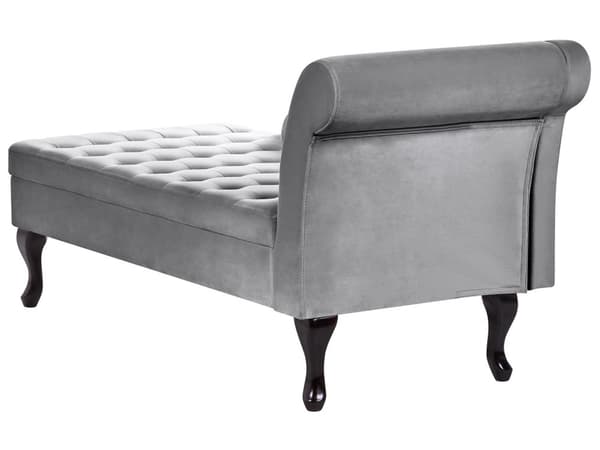 Höger schäslong Ljusgrå sammetsklädsel Svarta ben Förvaringsfack Puffad sittdyna Bolsterkudde Glam Retro Design