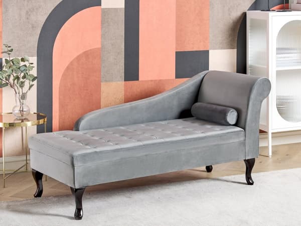 Höger schäslong Ljusgrå sammetsklädsel Svarta ben Förvaringsfack Puffad sittdyna Bolsterkudde Glam Retro Design