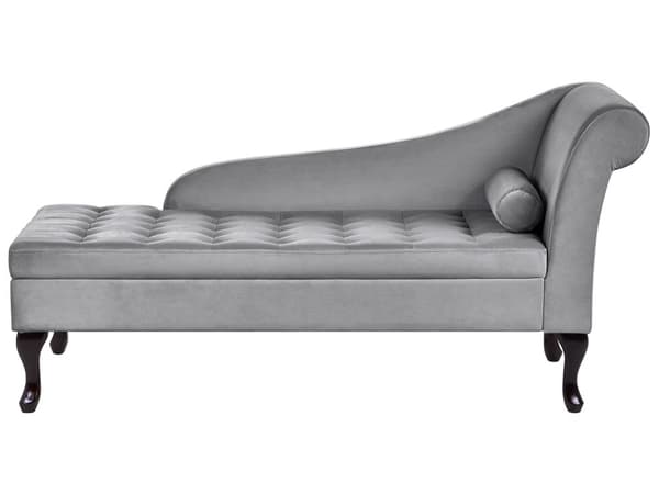 Höger schäslong Ljusgrå sammetsklädsel Svarta ben Förvaringsfack Puffad sittdyna Bolsterkudde Glam Retro Design