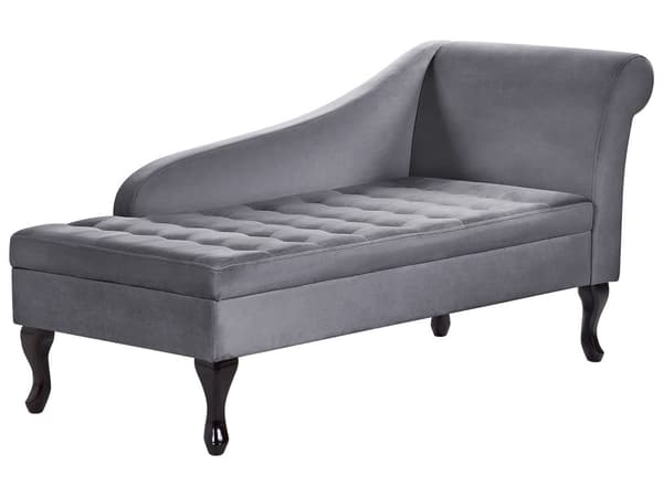 Höger schäslong Mörkgrå sammetsklädsel Svarta ben Förvaringsfack Puffad sittdyna Bolsterkudde Glam Retro Design