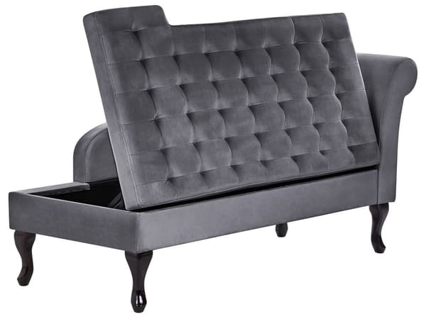 Höger schäslong Mörkgrå sammetsklädsel Svarta ben Förvaringsfack Puffad sittdyna Bolsterkudde Glam Retro Design