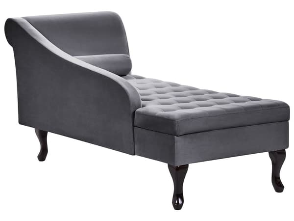 Höger schäslong Mörkgrå sammetsklädsel Svarta ben Förvaringsfack Puffad sittdyna Bolsterkudde Glam Retro Design