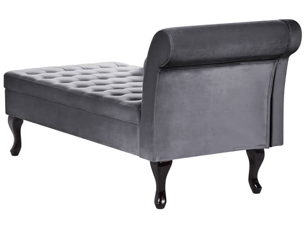 Höger schäslong Mörkgrå sammetsklädsel Svarta ben Förvaringsfack Puffad sittdyna Bolsterkudde Glam Retro Design
