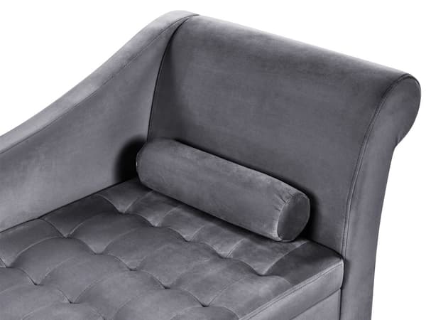 Höger schäslong Mörkgrå sammetsklädsel Svarta ben Förvaringsfack Puffad sittdyna Bolsterkudde Glam Retro Design