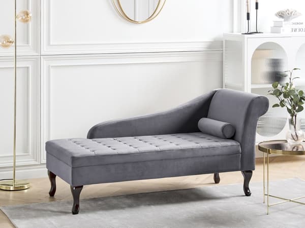 Höger schäslong Mörkgrå sammetsklädsel Svarta ben Förvaringsfack Puffad sittdyna Bolsterkudde Glam Retro Design