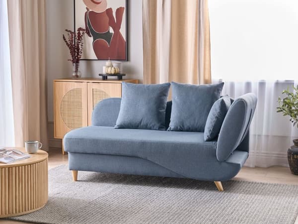 Chaiselong Blå Hør Lyst Træben 2 Personers Blød Polstret Hjørnesofa Daybed med Opbevaring Stue Retro Rygpuder Tilbehør Inspiration