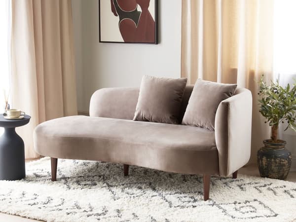 Chaiselong Taupe Velour Polyester Polstring Højre Mørkt Træ Ben Ekstra Pudepuder Moderne Design Stue Møbler