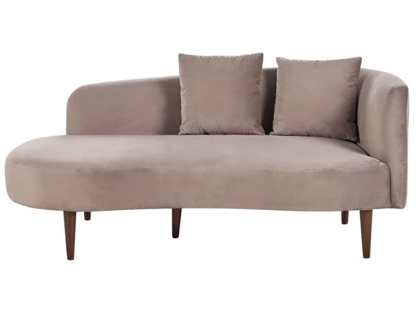 Chaiselong Taupe Velour Polyester Polstring Højre Mørkt Træ Ben Ekstra Pudepuder Moderne Design Stue Møbler