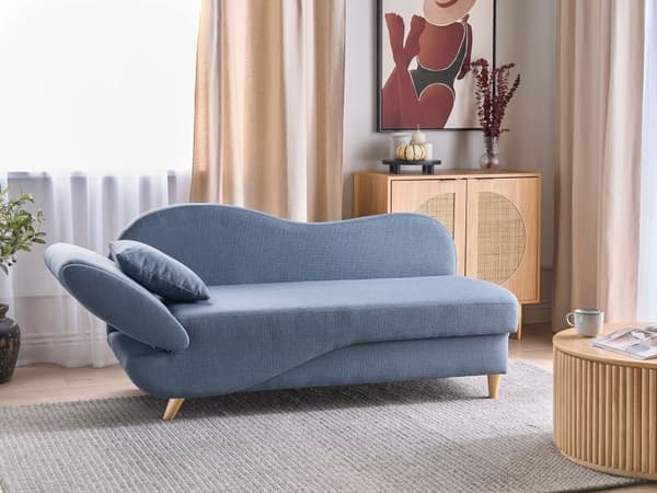 Chaiselong Blå Hør Lyst Træben 2 Personers Blød Polstret Hjørnesofa Daybed med Opbevaring Stue Retro Rygpuder Tilbehør Inspiration