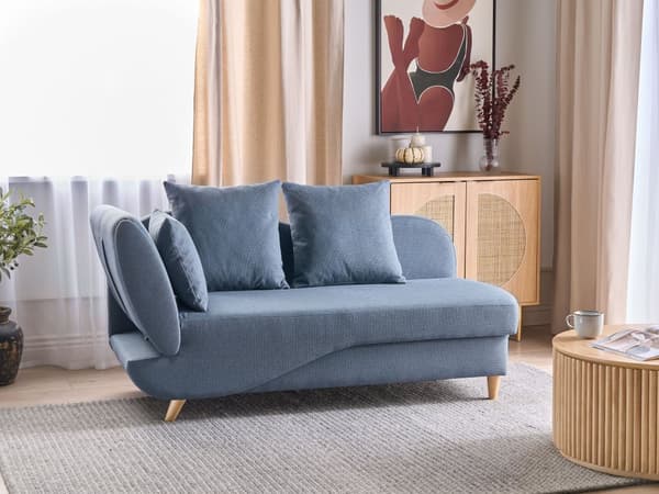 Chaiselong Blå Hør Lyst Træben 2 Personers Blød Polstret Hjørnesofa Daybed med Opbevaring Stue Retro Rygpuder Tilbehør Inspiration