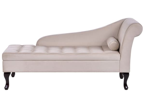 Höger soffgrupp Beige klädsel i sammet Svarta ben Förvaringsfack Puffad sittdyna Bolsterkudde Glam Retro Design