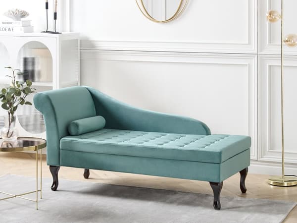 Vänster soffgrupp Blågrön klädsel i sammet Svarta ben Förvaringsfack Puffad sittdyna Bolsterkudde Glam Retro Design