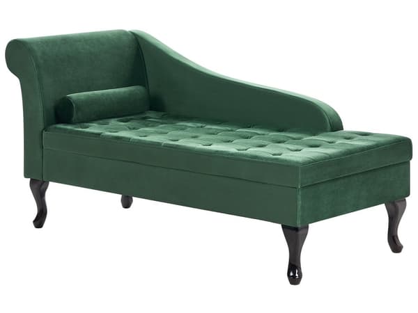 Vänster soffgrupp Mörkgrön klädsel i sammet Svarta ben Förvaringsfack Puffad sittdyna Bolsterkudde Glam Retro Design
