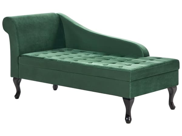 Vänster soffgrupp Mörkgrön klädsel i sammet Svarta ben Förvaringsfack Puffad sittdyna Bolsterkudde Glam Retro Design