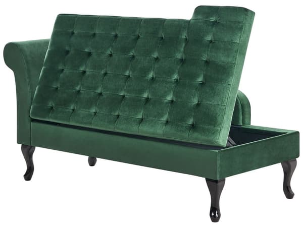 Vänster soffgrupp Mörkgrön klädsel i sammet Svarta ben Förvaringsfack Puffad sittdyna Bolsterkudde Glam Retro Design
