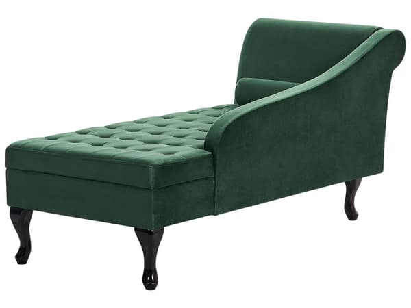Vänster soffgrupp Mörkgrön klädsel i sammet Svarta ben Förvaringsfack Puffad sittdyna Bolsterkudde Glam Retro Design
