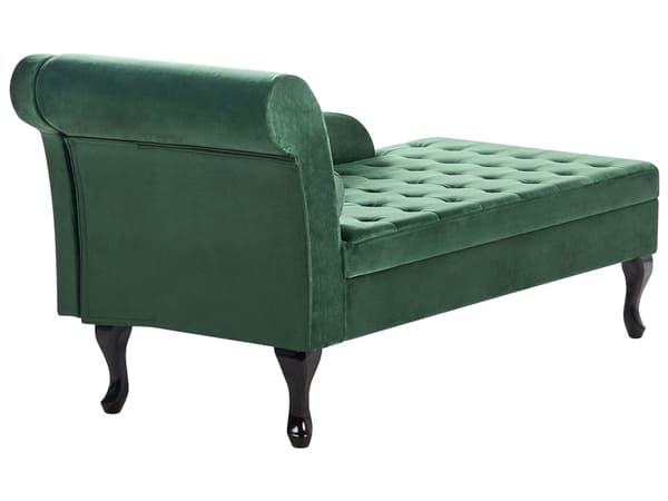 Vänster soffgrupp Mörkgrön klädsel i sammet Svarta ben Förvaringsfack Puffad sittdyna Bolsterkudde Glam Retro Design