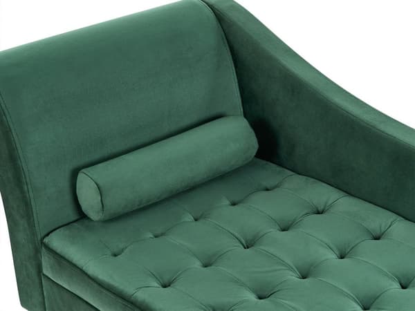 Vänster soffgrupp Mörkgrön klädsel i sammet Svarta ben Förvaringsfack Puffad sittdyna Bolsterkudde Glam Retro Design