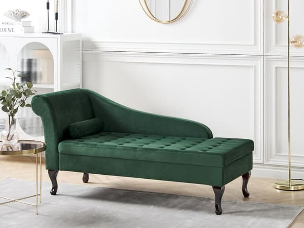 Vänster soffgrupp Mörkgrön klädsel i sammet Svarta ben Förvaringsfack Puffad sittdyna Bolsterkudde Glam Retro Design