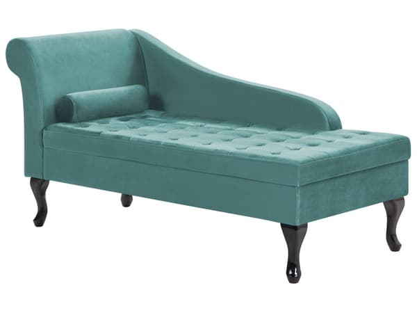 Chaiselong Blågrøn Velour Sorte Træben 2 Personers Blød Polstret Hjørnesofa Daybed med Opbevaring Stue Retro Rygpuder Tilbehør Inspiration