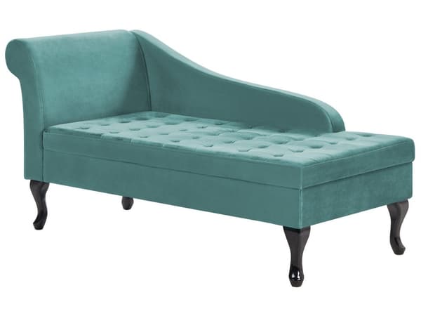 Chaiselong Blågrøn Velour Sorte Træben 2 Personers Blød Polstret Hjørnesofa Daybed med Opbevaring Stue Retro Rygpuder Tilbehør Inspiration