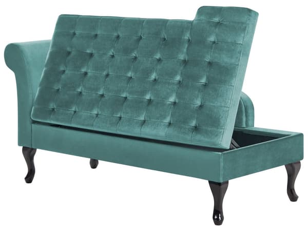 Chaiselong Blågrøn Velour Sorte Træben 2 Personers Blød Polstret Hjørnesofa Daybed med Opbevaring Stue Retro Rygpuder Tilbehør Inspiration
