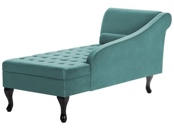 Chaiselong Blågrøn Velour Sorte Træben 2 Personers Blød Polstret Hjørnesofa Daybed med Opbevaring Stue Retro Rygpuder Tilbehør Inspiration