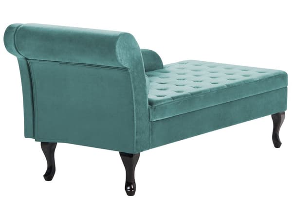 Chaiselong Blågrøn Velour Sorte Træben 2 Personers Blød Polstret Hjørnesofa Daybed med Opbevaring Stue Retro Rygpuder Tilbehør Inspiration