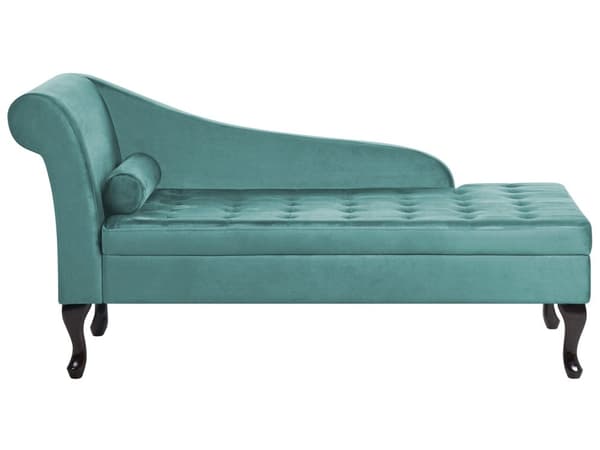 Chaiselong Blågrøn Velour Sorte Træben 2 Personers Blød Polstret Hjørnesofa Daybed med Opbevaring Stue Retro Rygpuder Tilbehør Inspiration