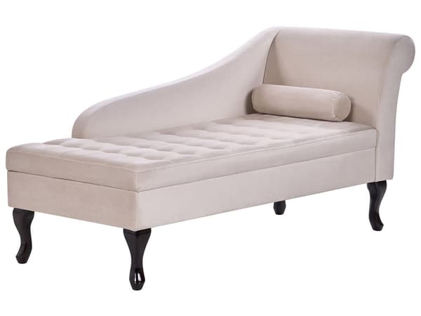 Chaiselong Beige Velour Sorte Træben 2 Personers Blød Polstret Hjørnesofa Daybed med Opbevaring Stue Retro Rygpuder Tilbehør Inspiration