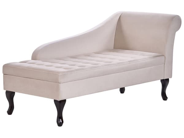 Chaiselong Beige Velour Sorte Træben 2 Personers Blød Polstret Hjørnesofa Daybed med Opbevaring Stue Retro Rygpuder Tilbehør Inspiration